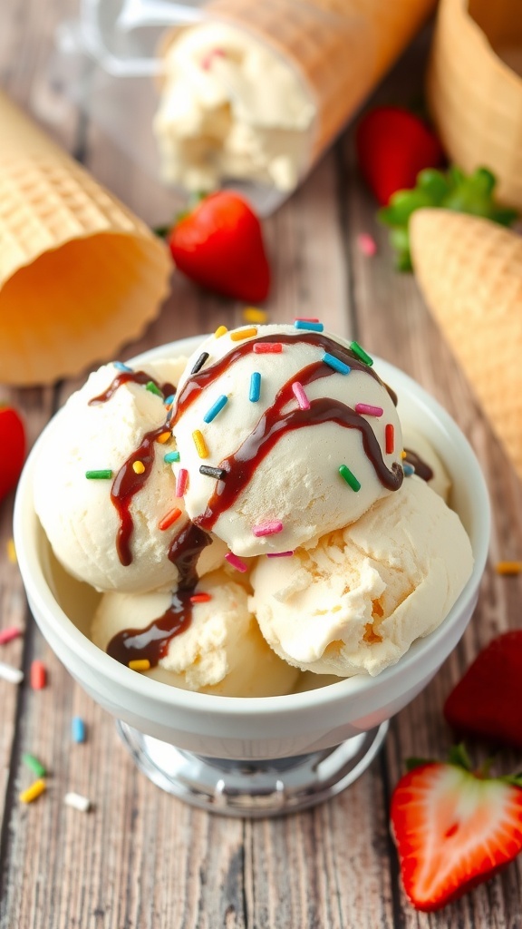 A bowl of homemade ice cream with sprinkles and chocolate syrup on a wooden table.